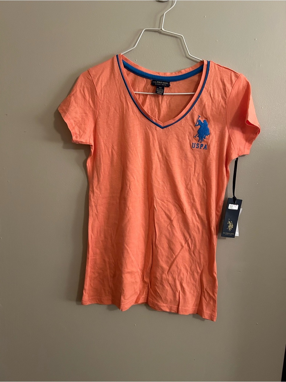 Women's V-Neck Polo Logo Tee in Coral